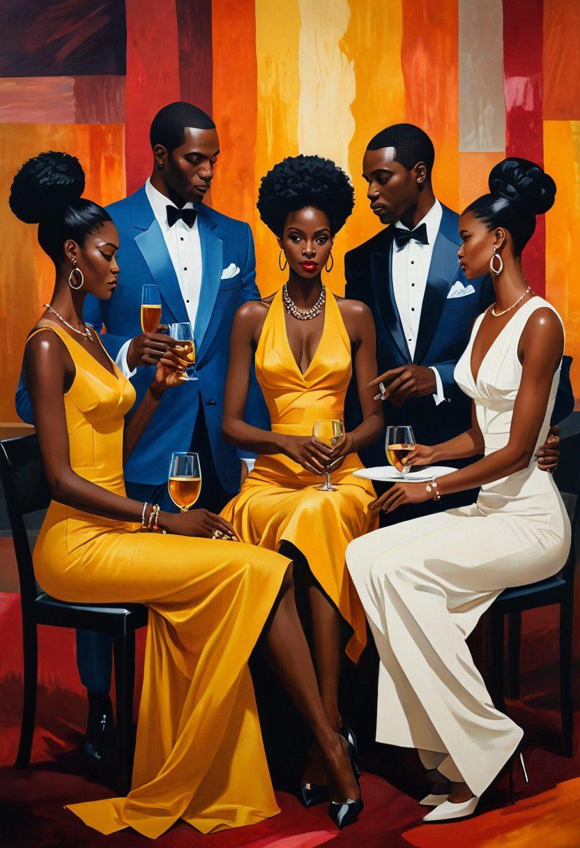 A stylish and sophisticated depiction of an intimate gathering, featuring African-American individuals engaged in lively conversation, surrounded by artistic representations of sensuality. Include elements symbolizing sexuality and empowerment, like abstract shapes and warm lighting. The background should reflect a mix of modern and vintage aesthetics, emphasizing a sense of allure and depth. vibrant colors. painting.