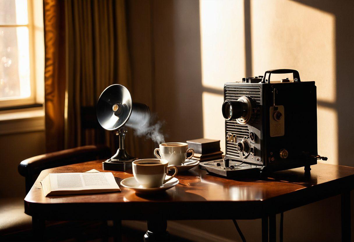 A tantalizing juxtaposition of a steaming coffee cup beside a vintage film projector, with soft light casting alluring shadows. In the background, an elegant room filled with books, art, and subtle hints of sensuality, creating an inviting atmosphere. Diverse silhouettes of couples engaged in intimate moments add depth to the scene, symbolizing the narrative experience. warm tones. vibrant colors. contemporary art style.