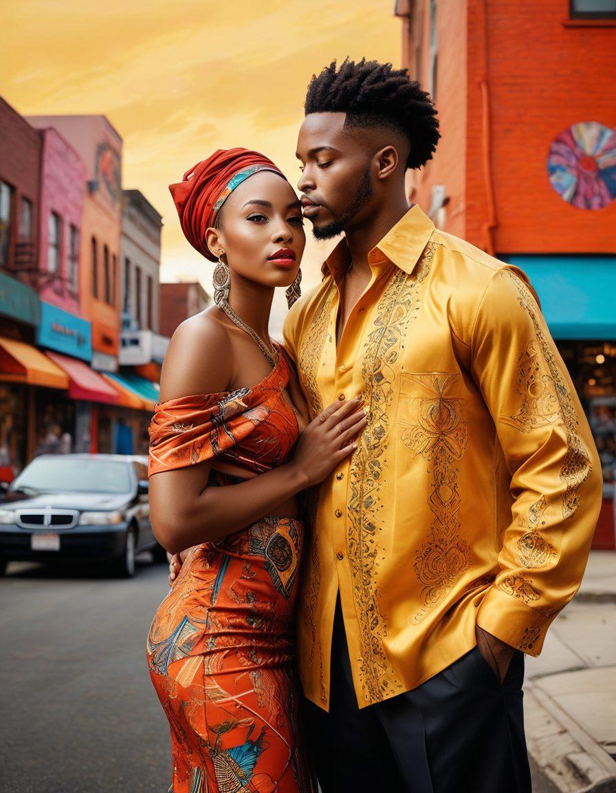 A mesmerizing blend of vibrant African-American cultural symbols and sensual imagery, featuring figures in traditional attire mingling with modern, seductive elements. The background reflects an urban landscape, pulsating with lively colors and artistic murals that celebrate diversity and sensuality. Include subtle textures that evoke a sense of intimacy and warmth. super-realistic. vibrant colors. urban setting.